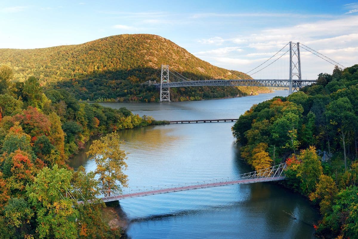 A picturesque view of a river flanked by autumn-colored trees, featuring two bridges crossing over the water.