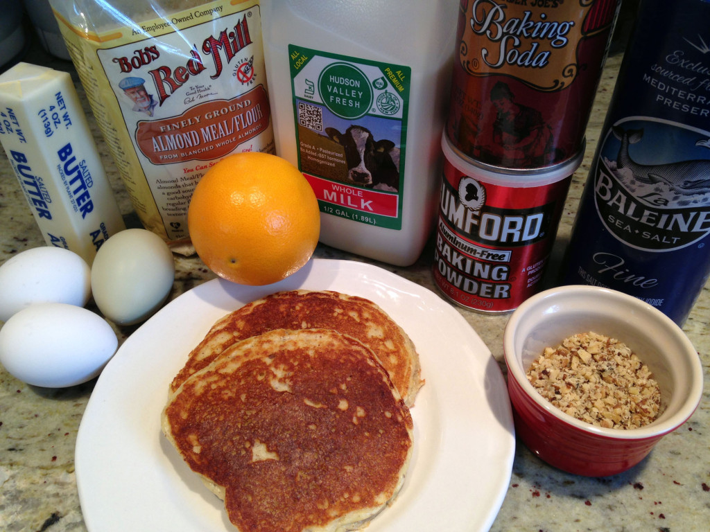 2 Gluten-free pancakes on a plate with all the best ingredients including Red Mill Almond Flour