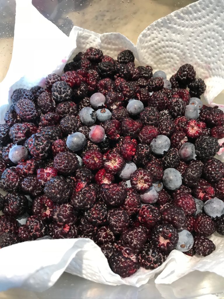 bowl filled with black raspberries and blueberries in a white paper towel